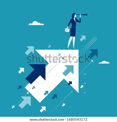 Searching for opportunities. Businesswoman stands on flying arrow. Concept business illustration