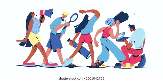 Searching for opportunities concept in cartoon web design. People with binoculars, magnifiers and telescopes looking new goals and career ideas. Flat vector illustration isolated on white background.
