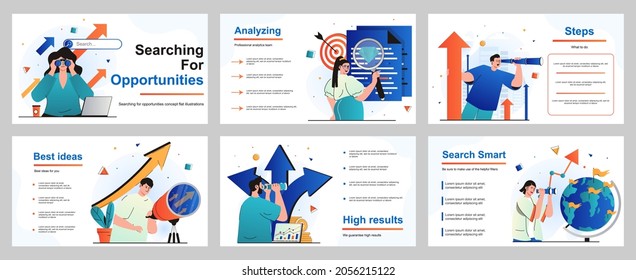 Buscando el concepto de oportunidades para la plantilla de diapositiva de presentación. Personas que miran el telescopio, eligen dirección, nuevos negocios de éxito, crecimiento de la carrera de los empleados. Ilustración vectorial para diseño de diseño