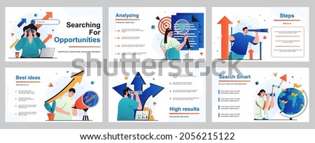 Searching for opportunities concept for presentation slide template. People looking telescope, choosing direction, new success business, employee career growth. Vector illustration for layout design