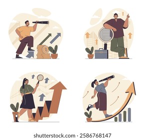 Searching for opportunities concept scenes set in flat web design. People in situations of looking career solutions, creating success strategy, achieving job goals and vision. Vector illustrations.