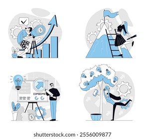 Searching for opportunities concept set in flat design for web. Collection with people brainstorming, finding career solution, creating success business strategy, achieving goal. Vector illustrations.