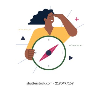 Searching For Opportunities, Decisions, New Ideas. Characters Looking Into The Future. Outlook, Forecast Or Visionary. Flat Vector Illustration