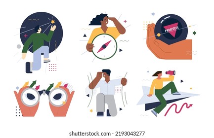 Searching For Opportunities, Decisions, New Ideas. Characters Looking Into The Future. Outlook, Forecast Or Visionary Set. Flat Vector Illustration