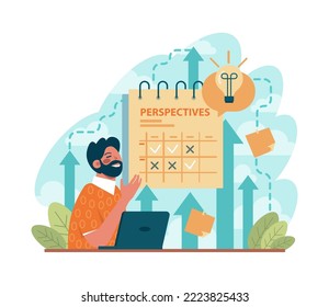 Searching for opportunities, decisions, new ideas. Characters looking into the future. Outlook, forecast or visionary set. Flat vector illustration