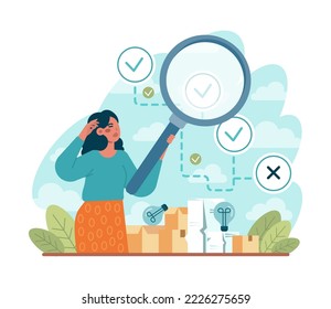 Searching for opportunities, decisions, new ideas. Characters looking into the future. Outlook, forecast or visionary set. Flat vector illustration