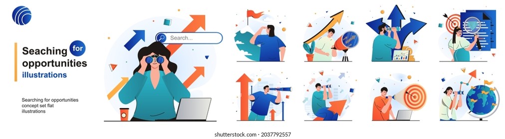 Searching for opportunities isolated set. Human resources and HR management. People collection of scenes in flat design. Vector illustration for blogging, website, mobile app, promotional materials.