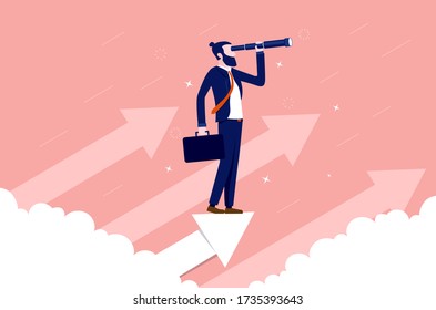 Searching opportunities - Man standing on arrow with binocular looking for new business. Recruitment, motivational and aspiration concept. Vector illustration.