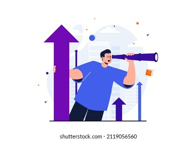 Searching for opportunities modern flat concept for web banner design. Man looks through spyglass, creates successful strategy, vision for new project. Vector illustration with isolated people scene