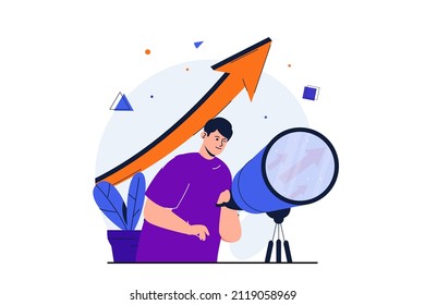 Searching for opportunities modern flat concept for web banner design. Businessman look into spyglass, successfully develop business and build career. Vector illustration with isolated people scene