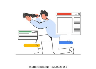 Searching opportunities outline web concept with character scene. Man looks into spyglass, choosing goal. People situation in flat line design. Vector illustration for social media marketing material.