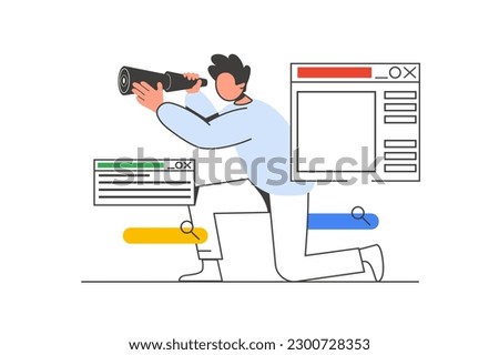 Searching opportunities outline web concept with character scene. Man looks into spyglass, choosing goal. People situation in flat line design. Vector illustration for social media marketing material.