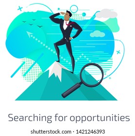 Searching for opportunities vector, businessman standing on mountain peak and looking in distance. Magnifying glass, male wearing formal suit flat style. Search new idea in business