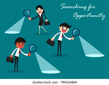 Searching for opportunity. Businessman finding opportunity through magnifying glass. Business concept illustration