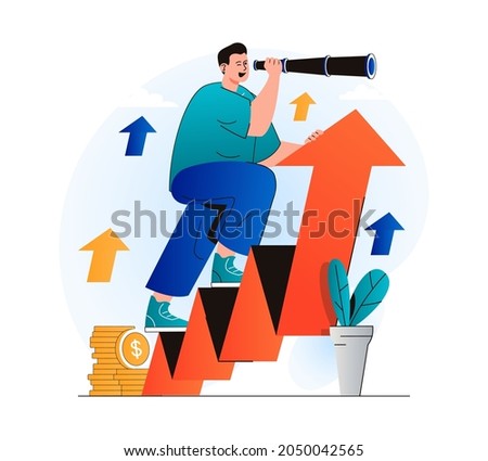 Searching opportunity concept in modern flat design. Man looks through spyglass and looks of new vacancies for professional growth. Leadership, successful business, profit growth. Vector illustration