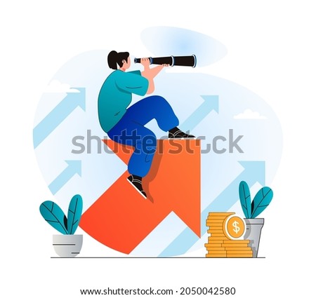 Searching opportunity concept in modern flat design. Woman looks through spyglass and looks for new business projects or vacancies. Achieving career goals and professional growth. Vector illustration