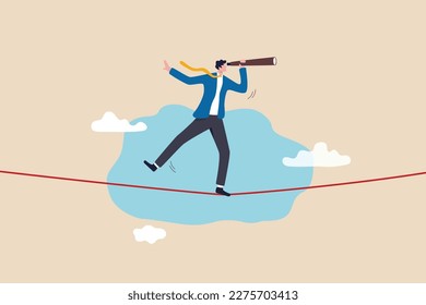 Searching for opportunity, profit in uncertainty situation, risk management or investment vision in recession, seeking alpha concept, businessman see through telescope while walking on risky rope.