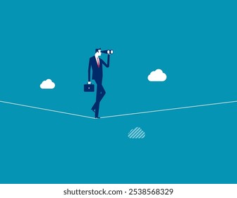 Searching for opportunity, profit in uncertainty situation, risk management or investment vision in recession, seeking alpha concept, businessman see through telescope while walking on risky rope.