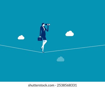 Searching for opportunity, profit in uncertainty situation, risk management or investment vision in recession, seeking alpha concept, businessman see through telescope while walking on risky rope.