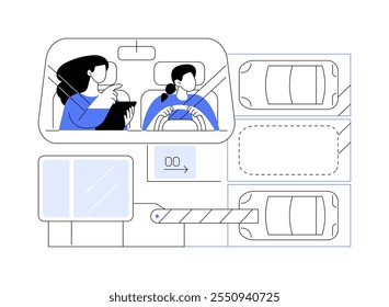 Suche nach Parkplatz einzelne Cartoon-Vektorgrafiken. Junge paar versuchen, einen Parkplatz zu finden, Menschen Lebensstil in der morgendlichen Eile, tägliche Routine und Aufgaben Vektor Cartoon.