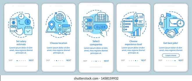 Searching part time jobs blue onboarding mobile app page screen with linear concepts. Select companies, get job walkthrough steps graphic instructions. UX, UI, GUI vector template with illustrations