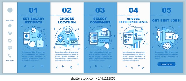 Searching part time jobs onboarding mobile web pages vector template. Responsive smartphone website interface idea with linear illustrations. Webpage walkthrough step screens. Color concept 