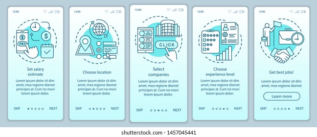 Searching part time jobs turquoise onboarding mobile app page screen vector template. Select companies. Walkthrough website steps with linear illustrations. UX, UI, GUI smartphone interface concept