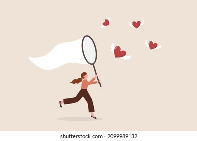 Searching for passion, motivation or work inspiration, finding relationship, romance dating, desire or aspiration concept, business woman using butterfly net to catch flying passionate lovely heart.