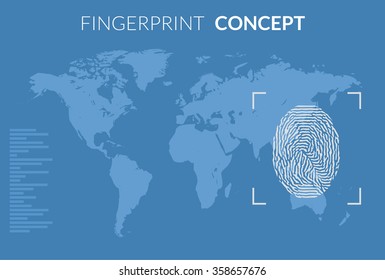 Searching people crime. Fingerprint searching concept with world map