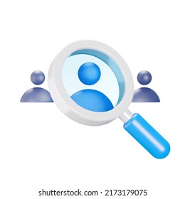 Searching for a person 3d icon. Employee, candidate. Magnifying glass and people. Isolated object on a transparent background