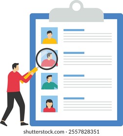 Searching for personnel to work, people at magnifying glass, balance and equality, work and life, human resources, Vector illustration design concept in flat style

