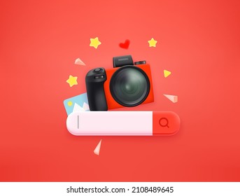 Searching for a photo concept with search tab. 3d style vector illustration