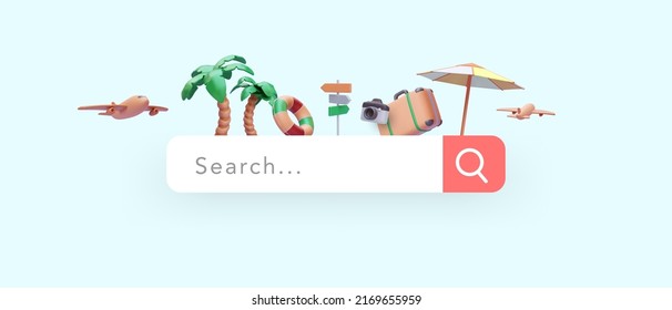 Searching for a place to rest vector illustration in 3d realistic style with airplane, palm tree, road sign, camera, suitcase, umbrella