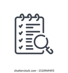 Searching for plan and task line icon. Task list with magnifier vector outline sign.