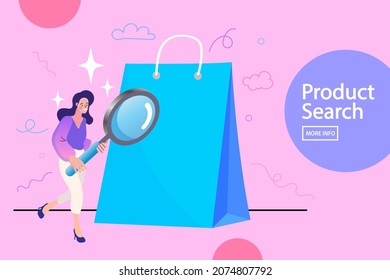 Searching Product on Mobile E commerce. Social campaign for buying and rating. Product moving on website for search or promotion map. Online Shopping Website Element Vector Template. E-Commerce Flat.