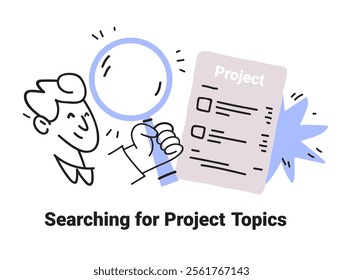 Searching for project topics concept hand drawn style person holding magnifying glass checklist minimal design elements