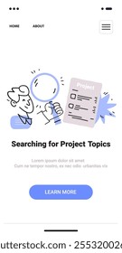 Searching for project topics concept person holding magnifying glass checklist minimal design mobile app screen