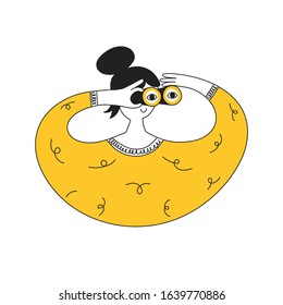 Searching, research, analysis, vision or monitoring concept. Cute cartoon girl with a happy face looking through binoculars. Flat line isolated black & yellow vector illustration on white background.