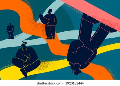 Searching for right life path and way concept. Young people cartoon characters walking through different life routes with important memories going in past by psychotherapy vector illustration