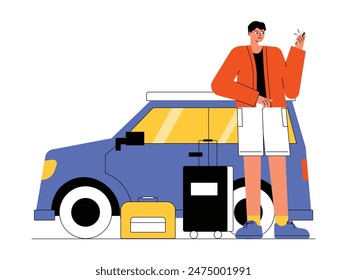 Searching for the right location using a smartphone as a road trip destination, vector illustration.