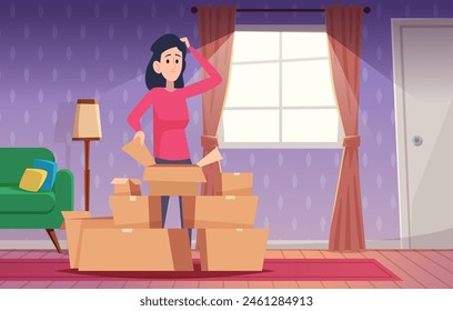 Searching in room. Person exploring self room indoor interior environment discover exact vector cartoon background