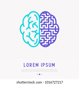 Searching of solution concept: labyrinth in brain thin line icon. Modern vector illustration.