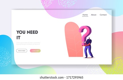 Searching Solution and Information Landing Page Template. Character Holding Huge Question Mark Solving Problem or Room Escape Conundrum, Enigma. Tips, Decision, Doubts. Cartoon Vector Illustration