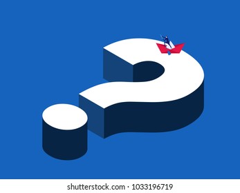 Searching solution management business concept. Businessman rowing a paper boat on the big question. Cartoon Vector Illustration.