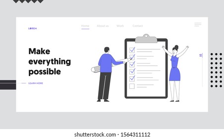 Searching Solution and Thinking New Idea Website Landing Page. Businessman Put Marks into Check Boxes Filling Checklist on Huge Clipboard Web Page Banner. Cartoon Flat Vector Illustration, Line Art