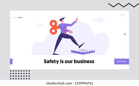 Searching Solution Website Landing Page. Businessman with Clockwork Key Mechanism on Back Step into Trap. Manipulated Business Man Problem Ignorance Web Page Banner. Cartoon Flat Vector Illustration