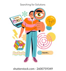 Searching for solutions concept. A person examining challenges with a magnifying glass while surrounded by various symbols of ideas, puzzles, and technology. Emphasizes creativity and problem-solving