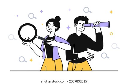 Searching for somebody. Man and girl looking for new employees in team, staff recruitment. Company requires workers, analytics, hr. Cartoon flat vector illustration isolated on white background