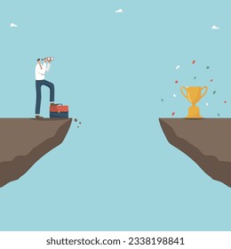 Searching for strategy to achieve highest result in work or study, own vision of further business development, way to achieve goals and receive rewards, man looks binoculars from cliff at winner cup.