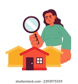 Searching suburban homes for sale 2D illustration concept. Woman purchase house in suburbs isolated cartoon character, white background. Magnifying glass property metaphor abstract flat vector graphic